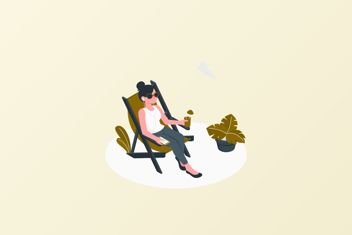 Woman relaxing in a deck chair with earphones in and phone in hand, listening to a calming audio track