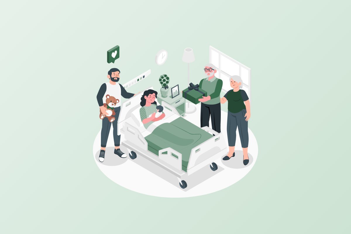 Family visiting a new mother and baby in hospital