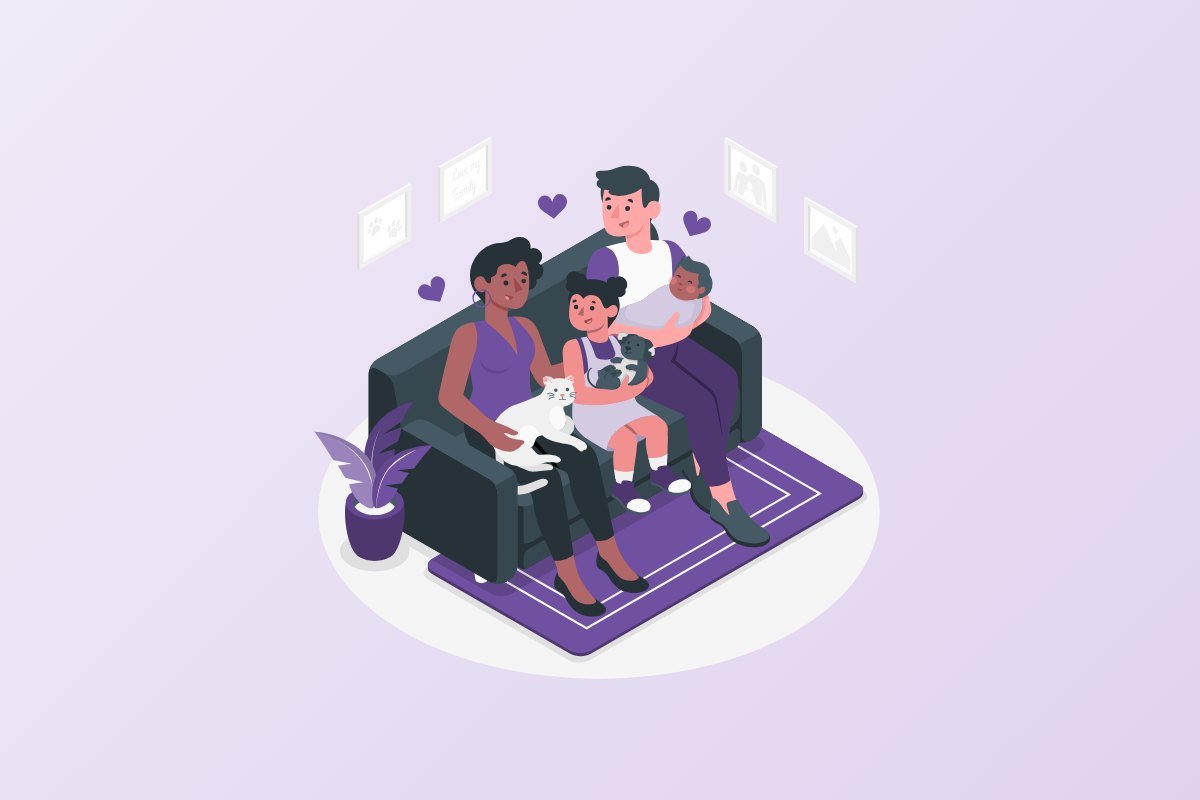 Family relaxing together on a sofa at home with their children