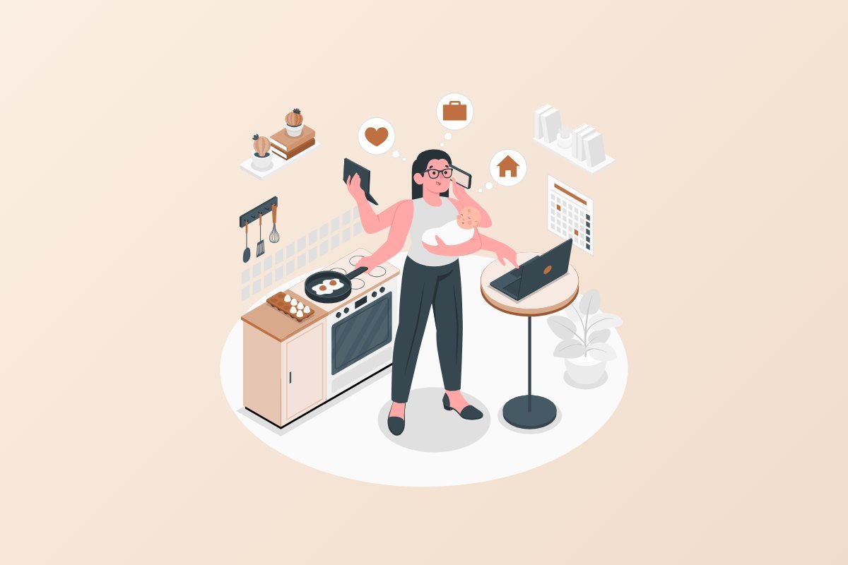 Woman holding her baby while juggling cooking, a phone call, and a laptop