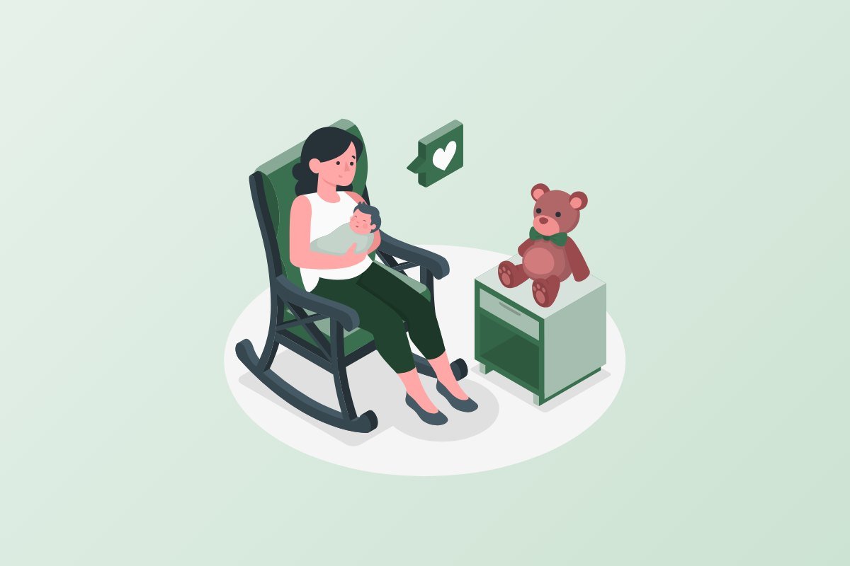Mother cradling her newborn baby in a rocking chair